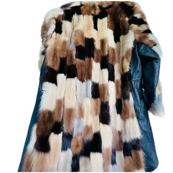 FUR COAT Genuine Y2K Vintage Rabbit Fur Leather Patchwork Long Belted Winter Coa